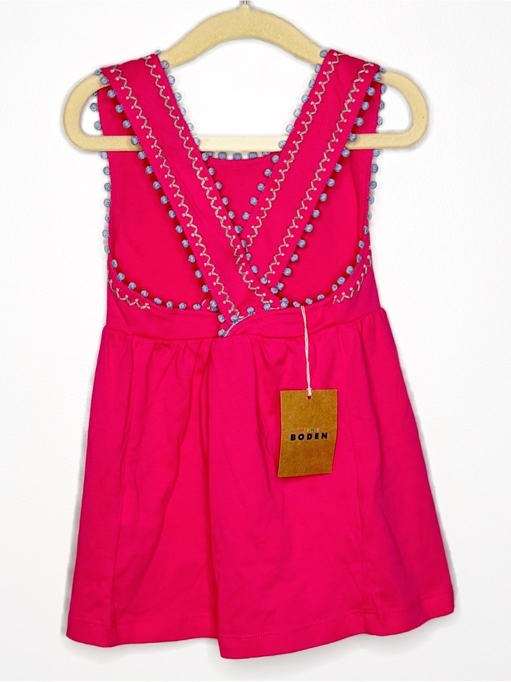 Mini Boden NWT Pink Cross-Back Pom Embroidered Trim Top Girls Size 6-7Y